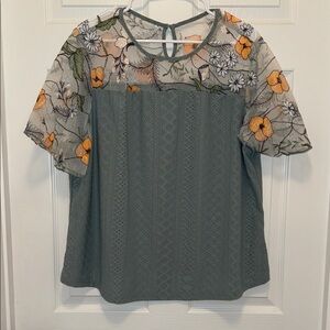 SHEIN Green Floral Blouse with Orange Accents